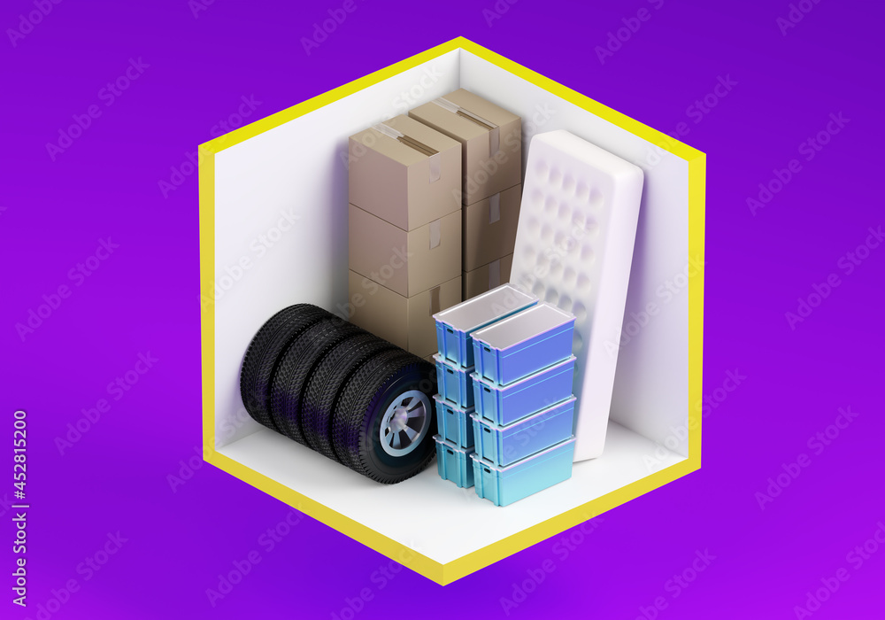 Aufkleber self storage 5 by 5 feet. self storage company. warehouse unit. demonstration of storing wheels in u