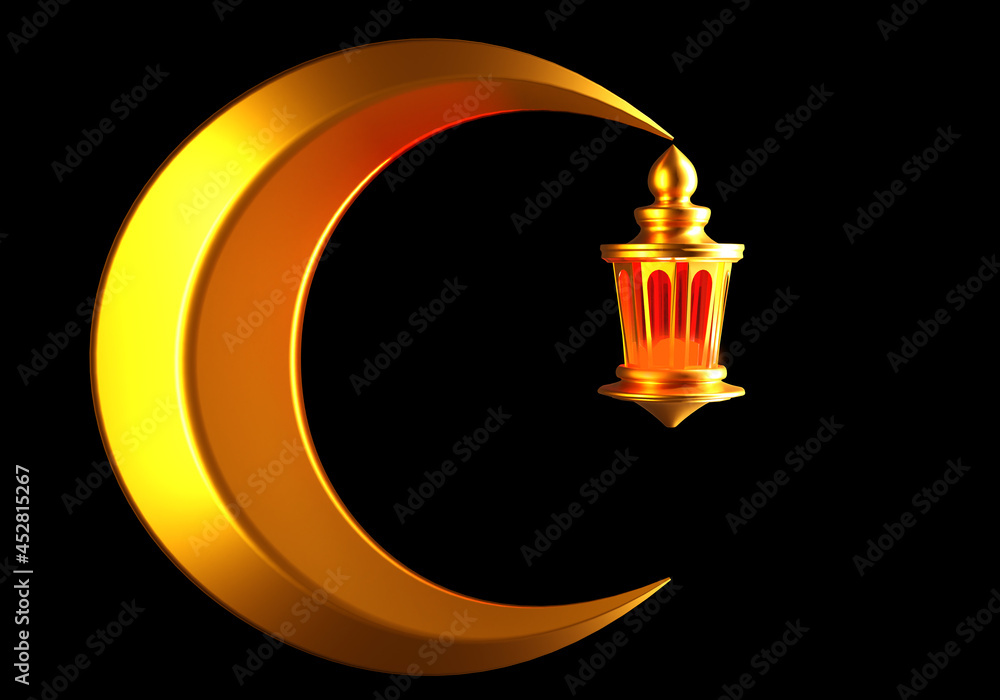 Wall mural Islamic symbol.  golden Muslim crescent. Crescent moon with lantern at tip. Ramadan holiday sign. Celebrations of Rammadan Kareem. Islamic ramadan logo. Muslim religion. 3d rendering.