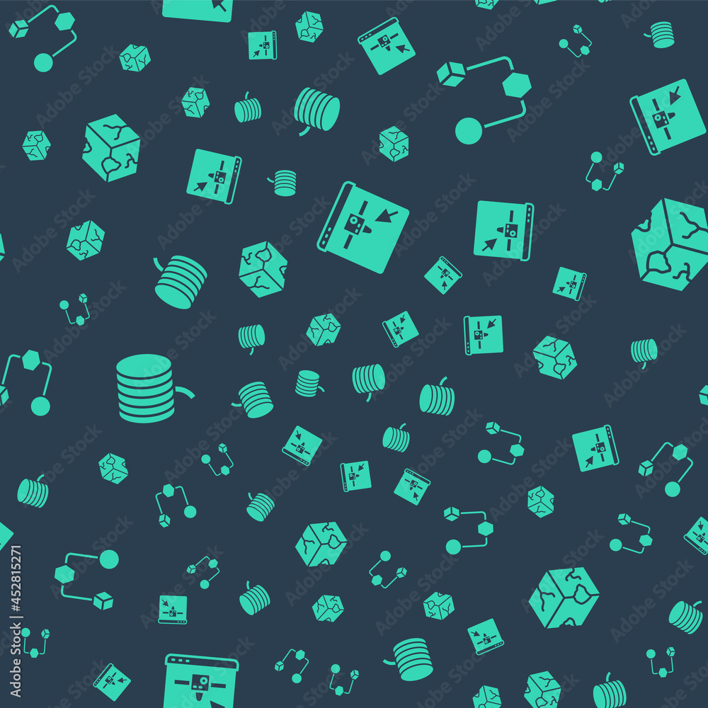 Poster set 3d printer setting, isometric cube, filament for and on seamless pattern. vector