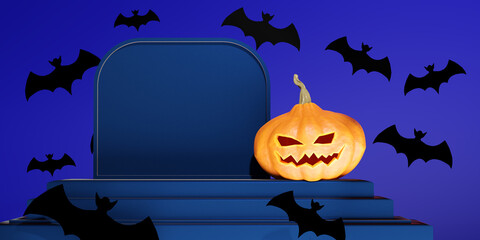 Halloween elements on purple background. Jack's lantern from pumpkin. Pumpkin halloween elements. Place for text on gravestone. Banner with halloween elements. Happy All Hallows' Eve. 3d rendering.