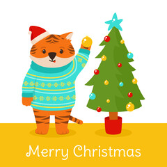 Christmas card with Tiger mascot new year. Animal tiger in Santa hat with Christmas tree cartoon flat postcard. Banner comic cute stripe big cat, clipart symbol Happy New year vector