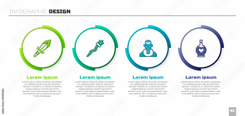 Wall mural Set Medieval sword, Magic staff, Wizard warlock and Bottle with love potion. Business infographic template. Vector