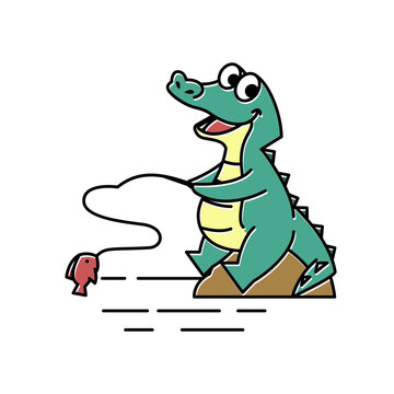Crocodile Alligator Fishing Fish Funny Cute Character Cartoon Mascot