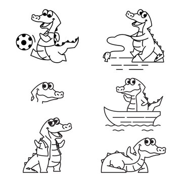 Crocodile Alligator Funny Cute Character Cartoon Mascot Vector Line