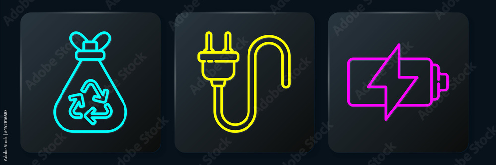 Poster set line garbage bag with recycle, battery and electric plug. black square button. vector