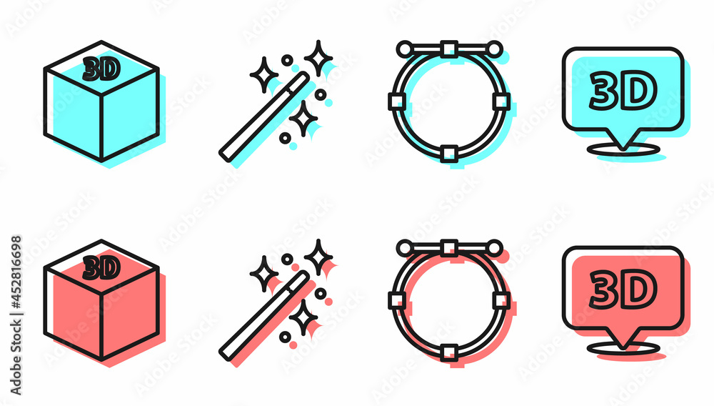 Poster set line circle with bezier curve, isometric cube, magic wand and speech bubble with text 3d icon. v