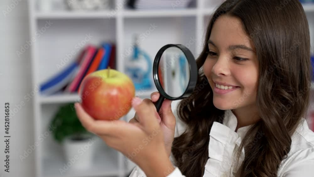 Sticker curious pupil girl in school uniform investigate apple with magnifier, exploration