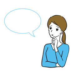 悩んでいる女性とふきだし