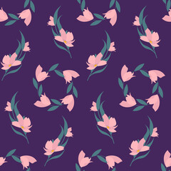 Wreath pattern with pink flowers. Vector illustration on a purple background. For use in prints, packaging, covers, flyers and price tags, for fabric stores.