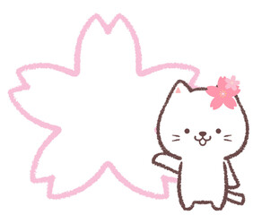 シロネコとサクラの花の線画フレーム