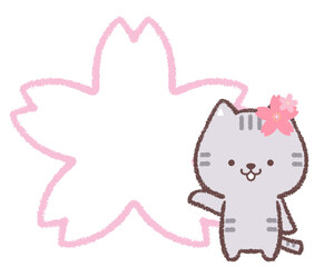 ネコとサクラの花の線画フレーム