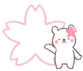 子供シロクマとサクラの花の線画フレーム