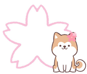 秋田犬とサクラの花の線画フレーム