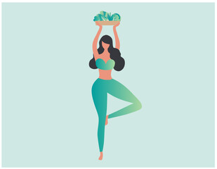 Fototapeta na wymiar Yoga woman and holding healthy food vector illustration. Healthy lifestyle woman concept