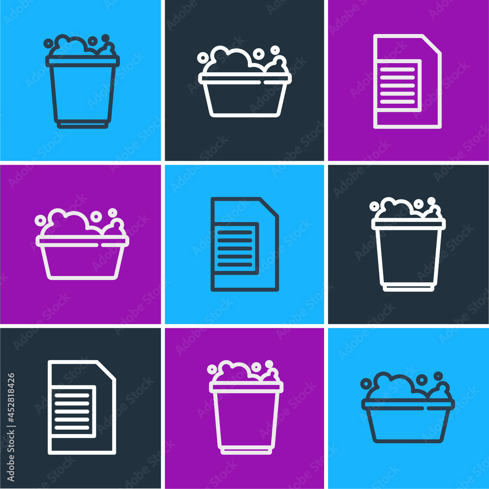 Poster set line bucket with foam, laundry detergent and basin soap suds icon. vector