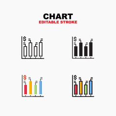 Outline, glyph solid black, flat color and filled line color, icon symbol set, chart concept, Isolated vector design, editable stroke