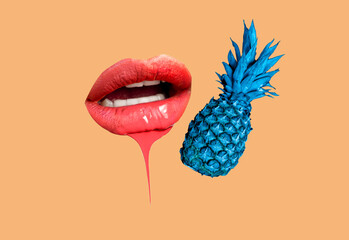 Contemporary art collage, mouth watering delicious pineapple and lips with red lipstick