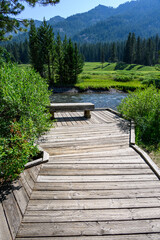 Fototapeta na wymiar Tranquil outdoor setting with wood bench for contemplation on Soda Butte Creek, Yellowstone National Park, USA 
