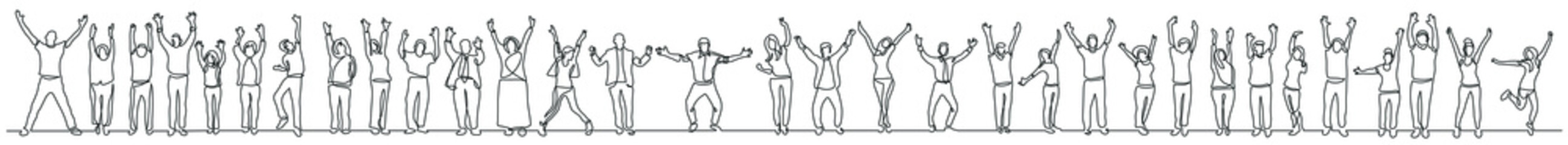 continuous line drawing of group of diverse happy people standing hands up