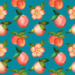 Illustration digital watercolor seamless pattern of peach and flowers