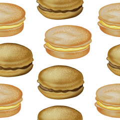 Digital illustration of food seamless pattern: hamburgers, burgers, sandwiches, burgers, chicken, burger on a white background. High quality illustration