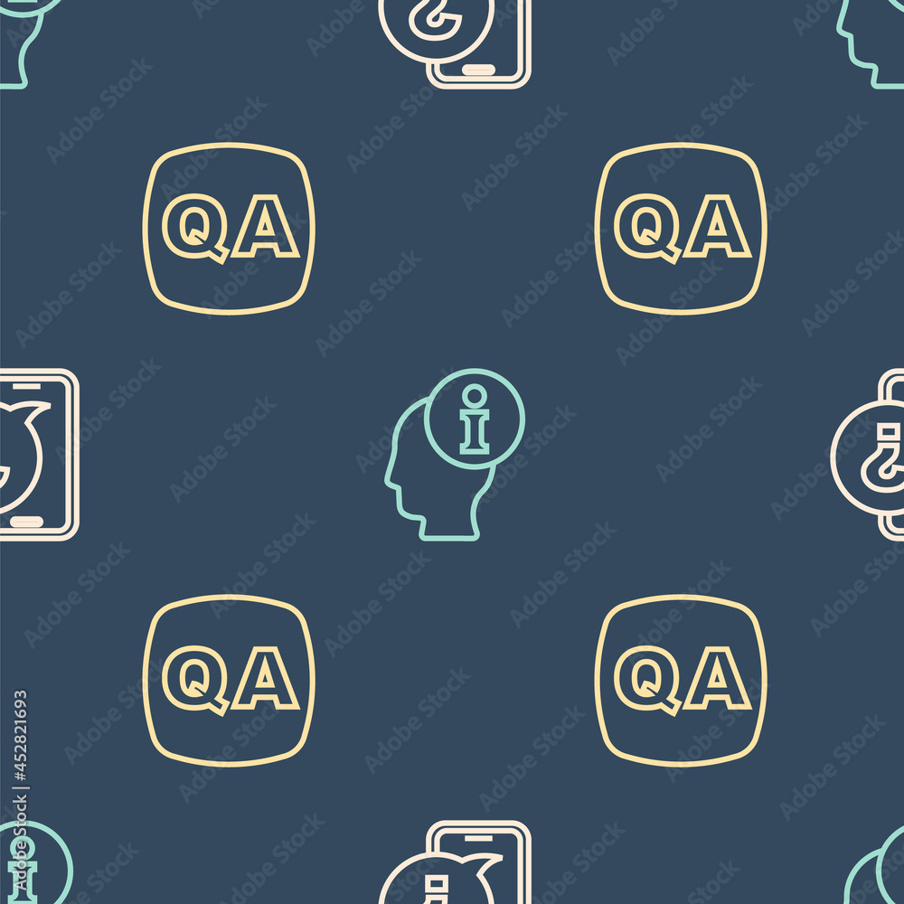 Poster set line telephone 24 hours support, question and answer and information on seamless pattern. vector