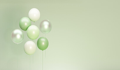 Set of white, green, pastel blue balloons with empty space for birthday, party, promotion social media banner or poster. 3D rendering illustration. Theme of International Women's Day.