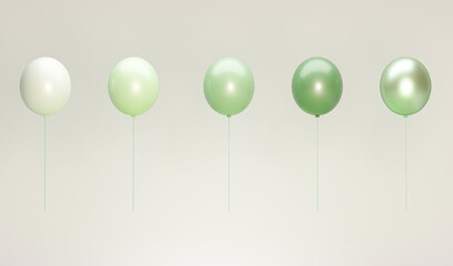 Set of 3D render white, green, pastel blue balloons isolated on green background. Trendy realistic design 3d elements in pastel colors for birthday, presentation, promo, party or other events.