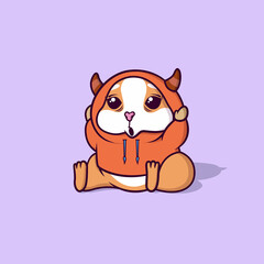 Cute brown hamster sit and using red jacket cartoon icon illustration