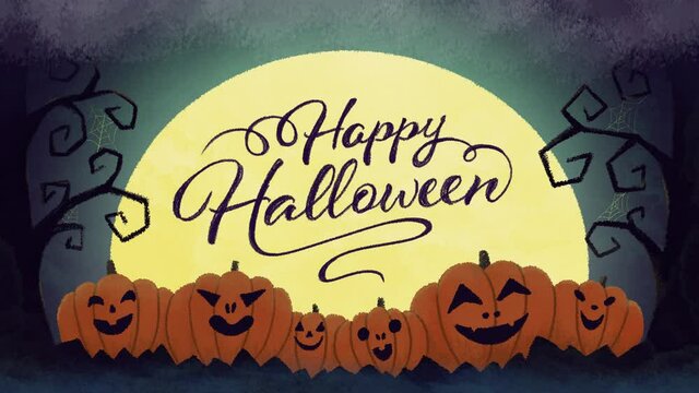 Animated greeting card for Halloween holiday. Moon rising above carved pumpkins signed Happy Hallowing