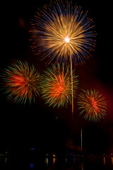 Fototapeta na wymiar Colorful fireworks on a night sky background.