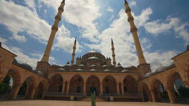 Female Tourist Enjoying the View of The Akhmad Kadyrov Mosque in Grozny, Chechen Republic, Russia
