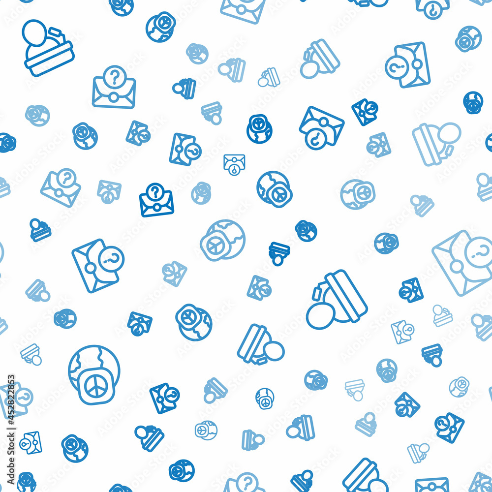 Poster set line international day of peace, speaker and envelope with question mark on seamless pattern. ve