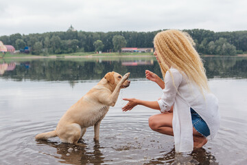 Young woman huging playing with her labrador retriever dog in river.