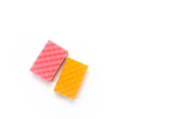 Colorful sponges isolated on white background. Cleaning sponge.
Close-up. House cleaning.