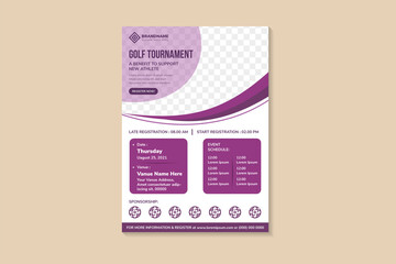 golf tournament flyer design template use vertical layout. Curve space for photo collage. multicolored purple colors of element variation which can be selected. white background.