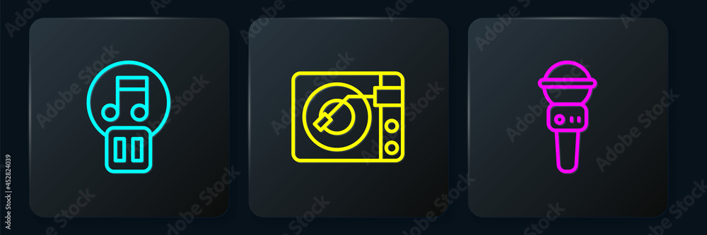 Poster set line pause button, microphone and vinyl player with vinyl disk. black square button. vector