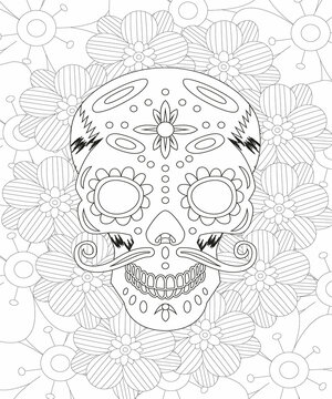 Sugar Skull flowers for Halloween or Day of the dead with flower elements. Hand drawn. Doodles art for greeting cards, invitation or poster. Coloring book for adult and kids.