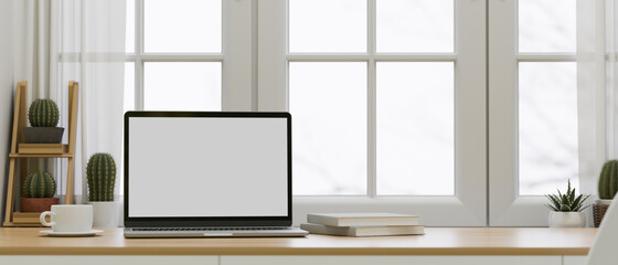 Minimal workspace interior design, opened laptop screen mockup 3d rendering