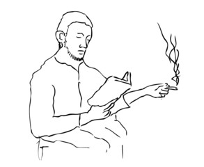 Simple Vector Manual Draw Sketch, Sitting, Smoking and Reading Man with litle beard