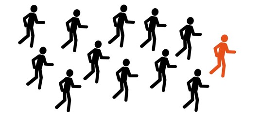 the man in red shows the direction of movement, a crowd of people is running in one direction, sports, pictogram, winner, way out of the current situation