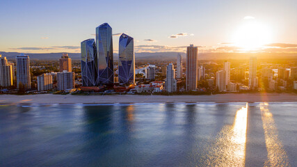 Aerial sunset view of Gold Coast skyline and beach