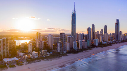 Aerial sunset view of Gold Coast skyline and beach