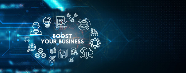 Business, Technology, Internet and network concept. Young businessman shows the word: Boost your business