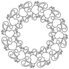 Coloring book for adult and older children, Round wreath in the style of doodles. Black and white vector illustration