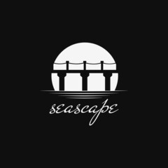 Silhouette of bridge with moon or lunar, seascape beauty logo design with moonlight at night on the sea or beach