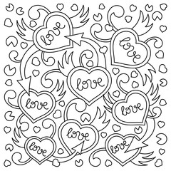 Coloring book. Hand-drawn background with love words, hearts, arrows and abstract elements