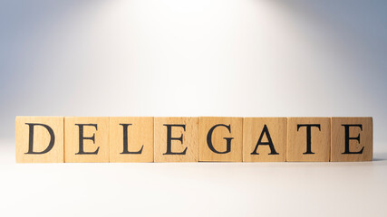 Delegate word crafted from wooden cubesfinance and business.