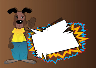 Funny cartoon dog with waving hand. Vector illustration.
