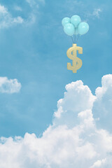 A gold Dollar sign with balloons and in the sky. 3D rendering. 3D illustration.